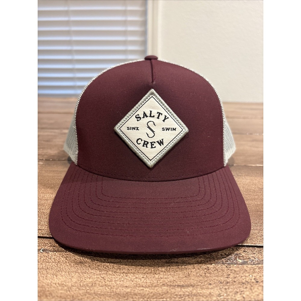 Salty Crew Trucker Hat Bergundy Red Gray Mesh Cap Sink Swim Fishing Nautical